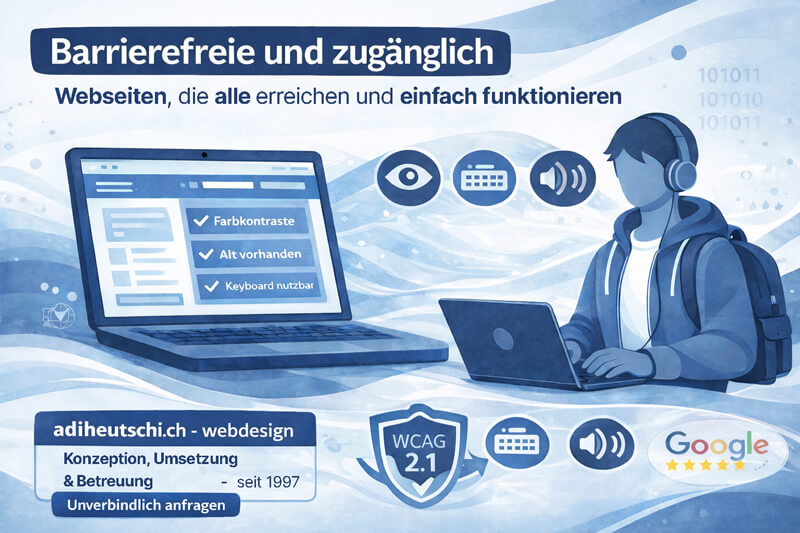 Illustration, Laptop mit klarer Website, Person mit Kopfhörer, Symbole für Sehen, Tastatur und Audio für barrierefreie Nutzung