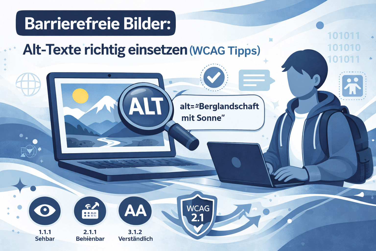 Illustration zur Barrierefreiheit mit Laptop, Lupe auf „ALT“ und symbolischer Person zur Nutzung von Alt-Texten